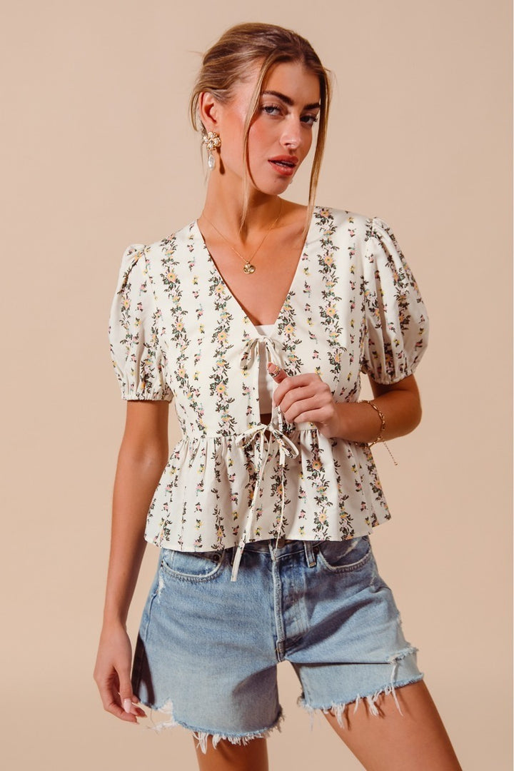 Ivory So Me Floral Print Tie Front Shirred Hem Blouse