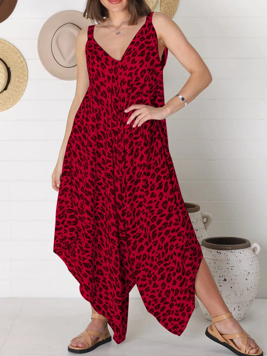 Red Full Size Leopard Print V Neck Wide Leg Jumpsuit Plus Size