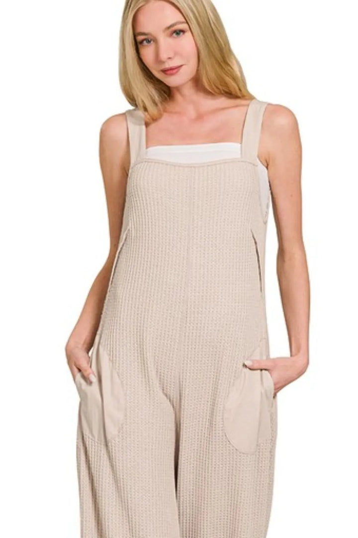 Lt Mocha Zenana Knit Waffle Wide Leg Overalls 5