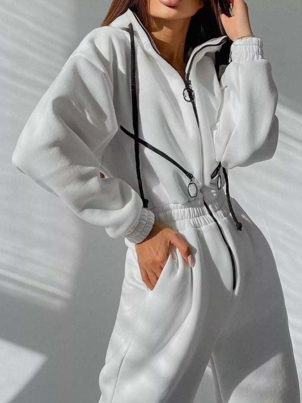 White Hooded Zip Up Long Sleeve Jumpsuit