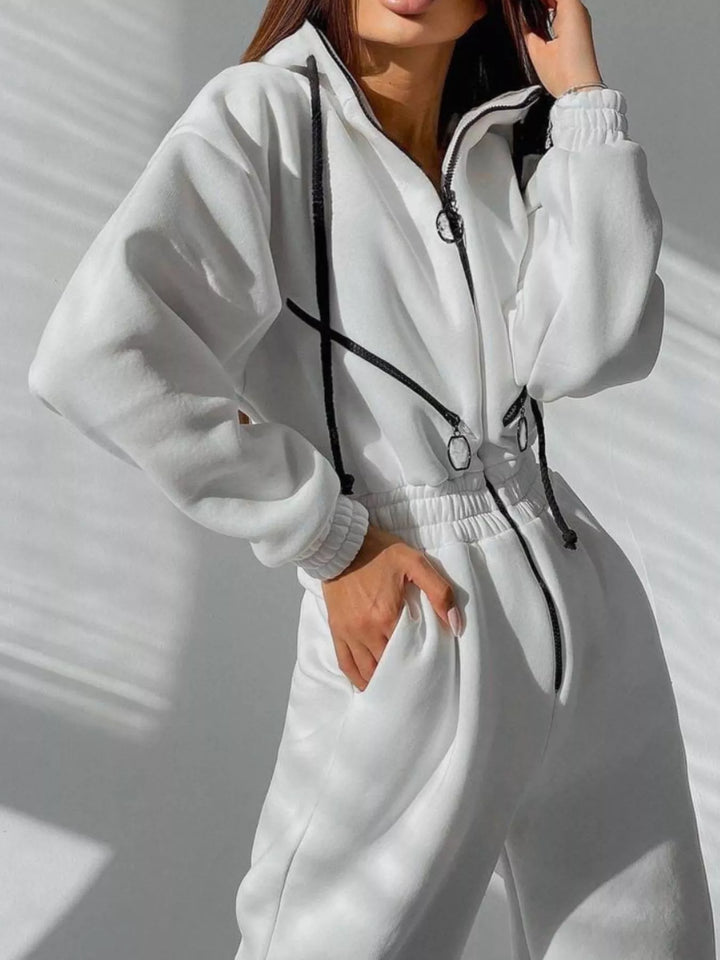 White Hooded Zip Up Long Sleeve Jumpsuit