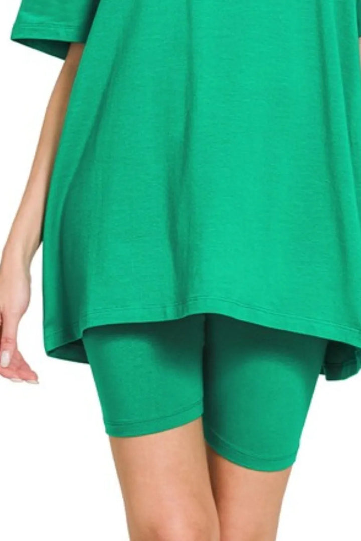 K Green Zenana Cotton Round Neck Top Biker Shorts 2