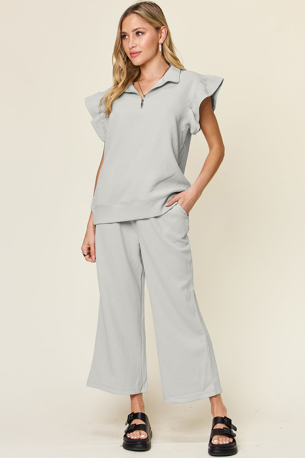 Light Gray Double Take Texture Ruffle Short Sleeve Top And Drawstring Wide Leg Pants Set