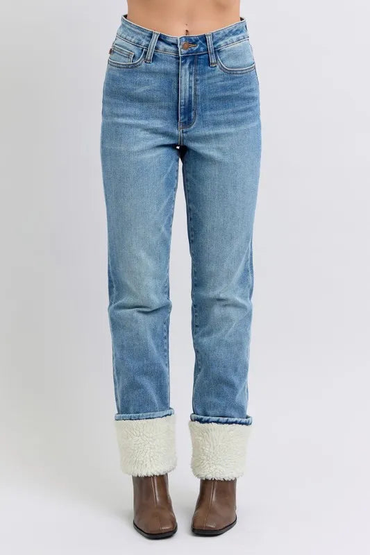 Md Judy Blue Full Size High Waist Shearling Cuff Straight Plus Size