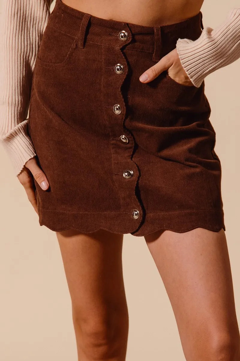 Mocha So Me Scallop Buttoned Front Corduroy Mini Skirt 2