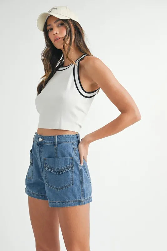 Off White Mable Contrast Trim Grecian Neck Cropped Tank