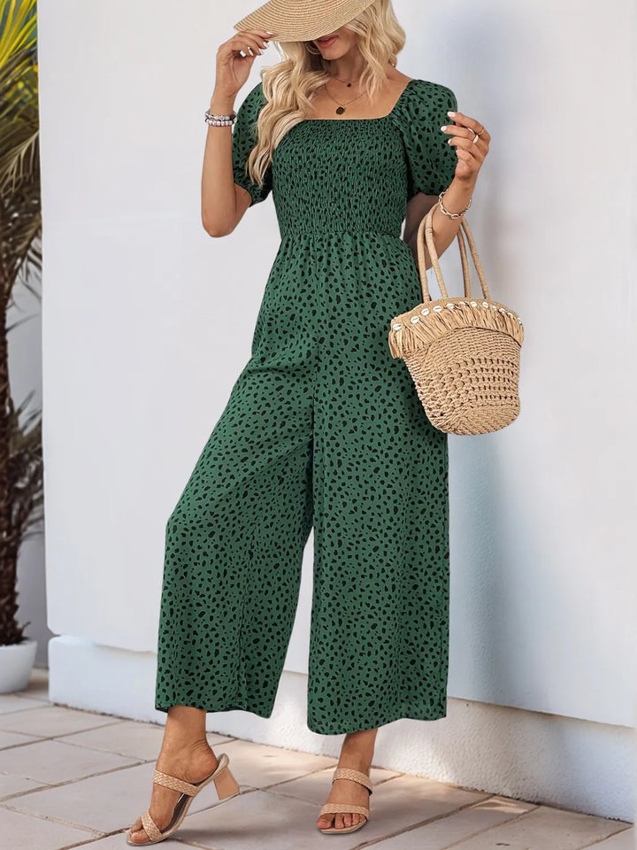 Rust Printed Square Neck Puff Sleeve Jumpsuit