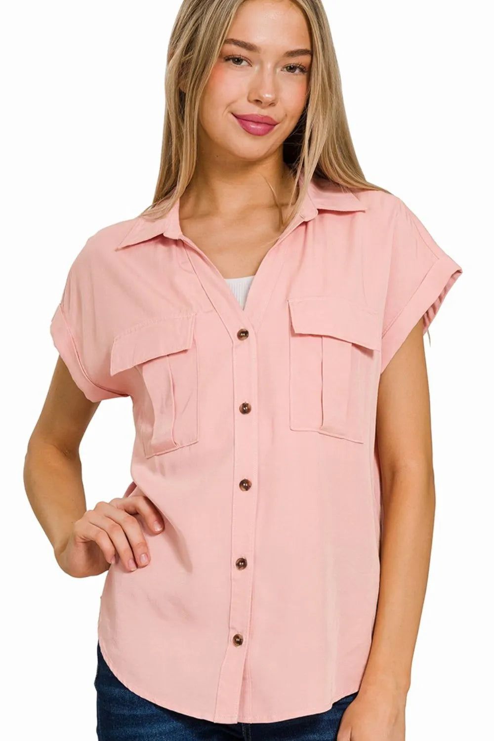 Lt Rose Zenana Tencel V Neck Collared Top W Front Flap Pockets
