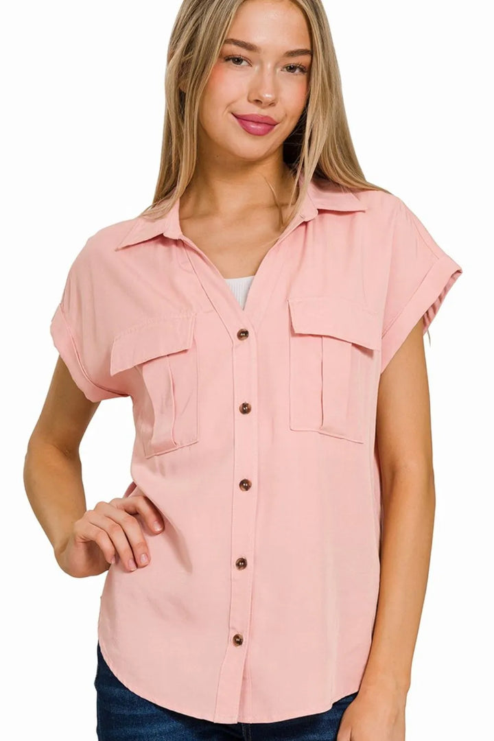 Lt Rose Zenana Tencel V Neck Collared Top W Front Flap Pockets