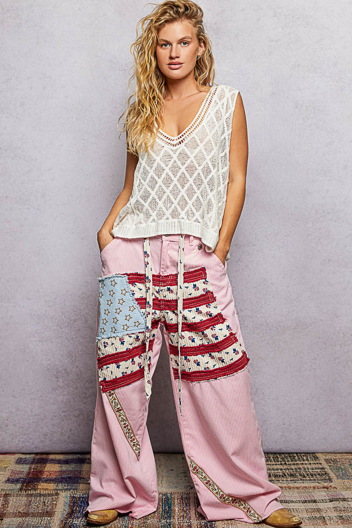 Pol V Neck Crochet Tank With Diamond Weave Knit Patterns