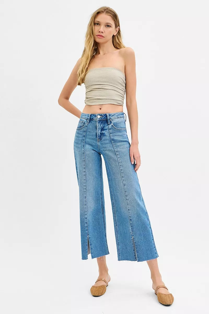 Medium Risen Tummy Control Mid Rise Crop Wide Front Slit Jeans