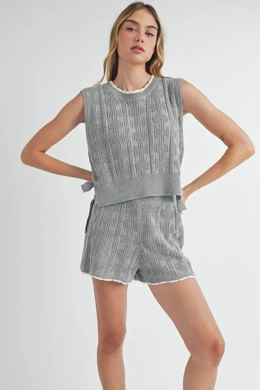 Gray Mable Side Tie Detail Knit Vest And Shorts Set