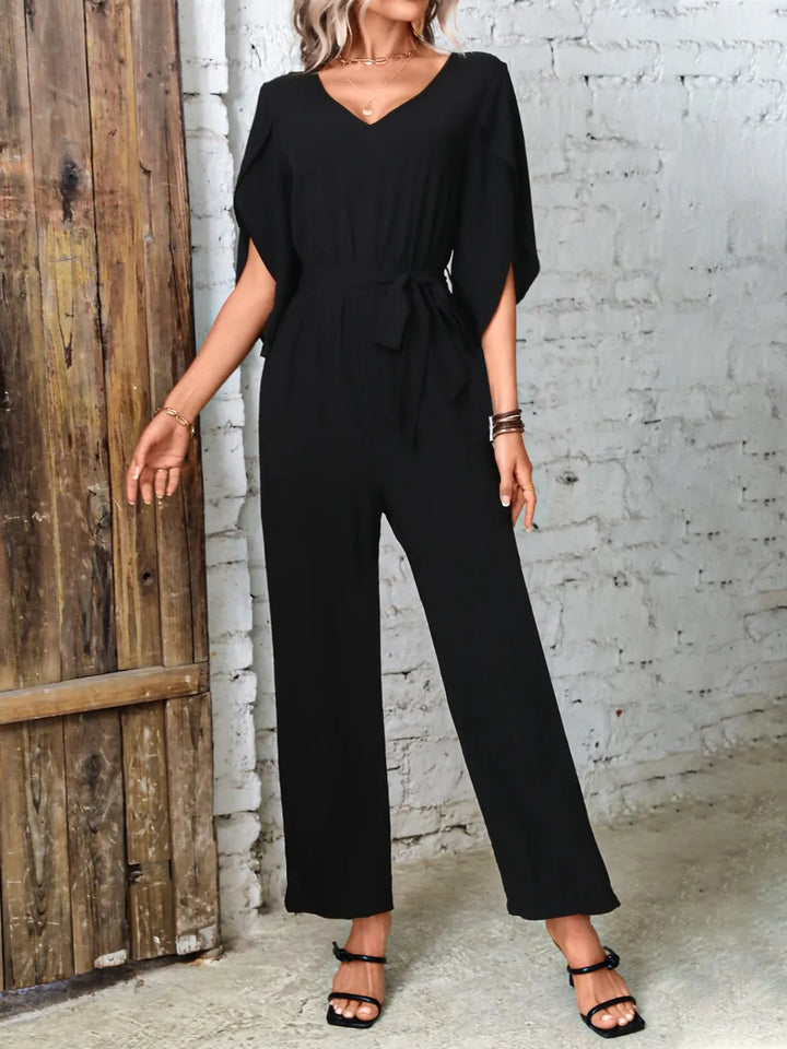 Black Tied V Neck Half Sleeve Wide Leg Jumpsuit