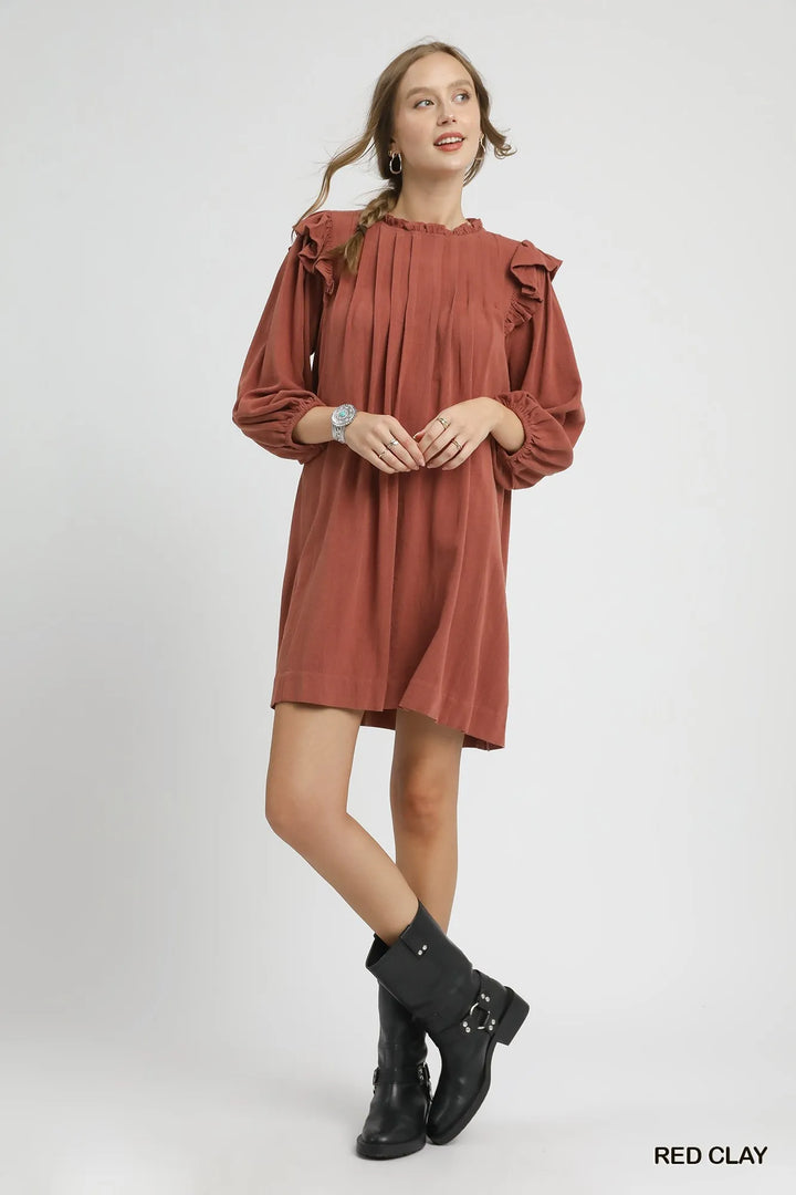 Red Clay Umgee Linen Ruffle Shoulder Pleated Babydoll Dress 1