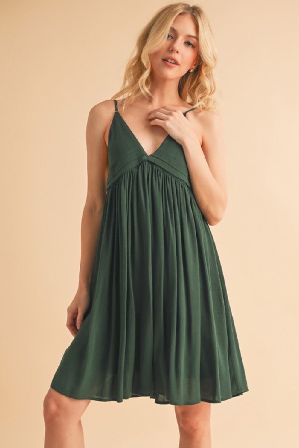 Dark Green Aemi Co Ruched Plunge Mini Cami Dress