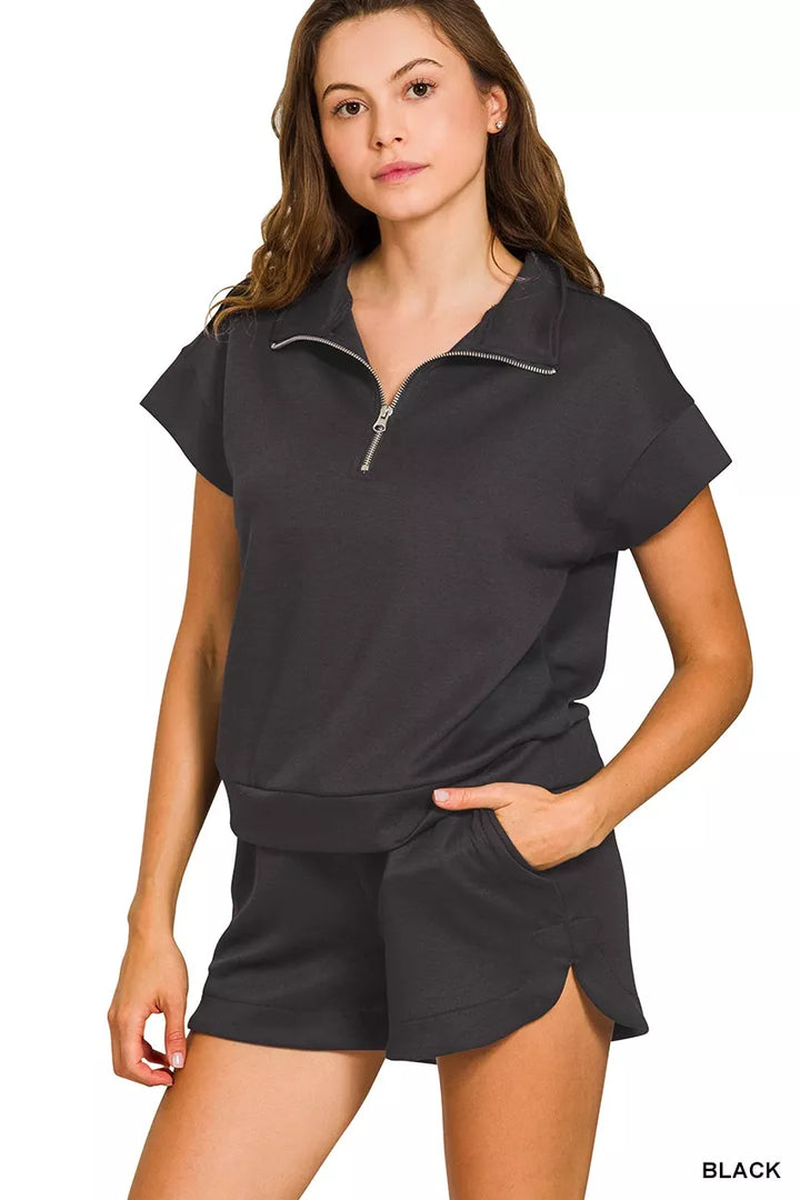 Black Zenana Scuba High Neck Half Zip Top And Dolphin Shorts Set