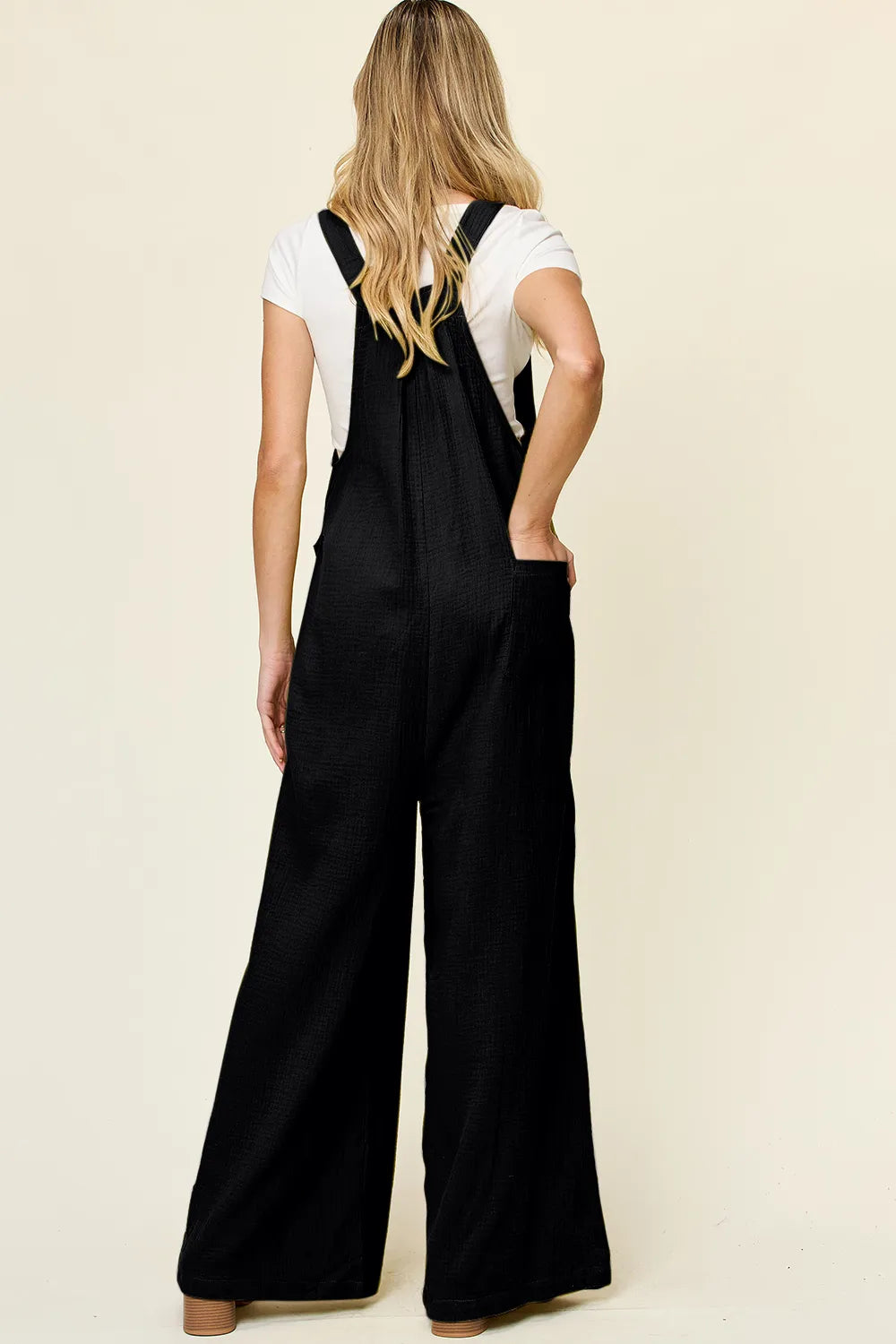 Black Double Take Full Size Texture Wide Strap Wide Leg Overall