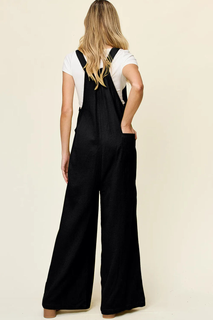 Black Double Take Full Size Texture Wide Strap Wide Leg Overall