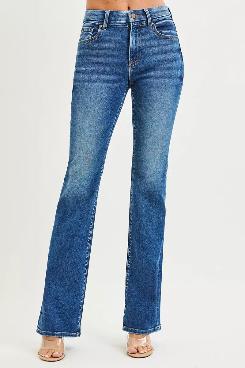 Dark Risen High Rise Bootcut Jeans With Distressed Details