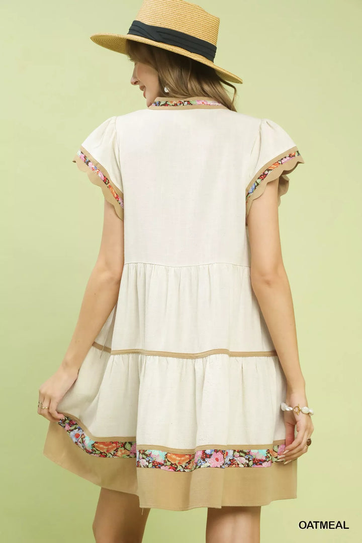 Oatmeal Umgee Linen Tiered Flutter Sleeve Dress With Floral Trim
