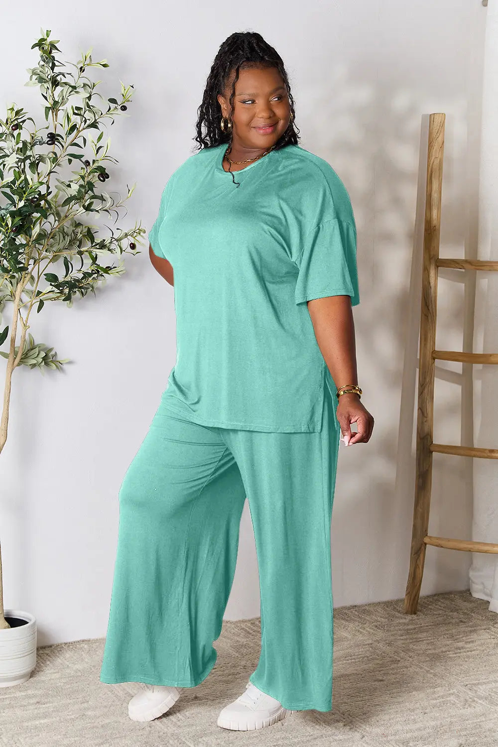 Teal Double Take Full Size Round Neck Slit Top And Pants Set