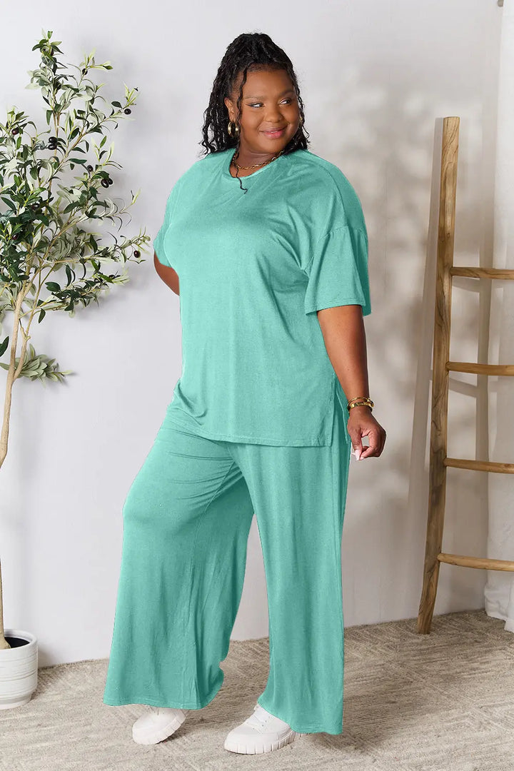 Teal Double Take Full Size Round Neck Slit Top And Pants Set