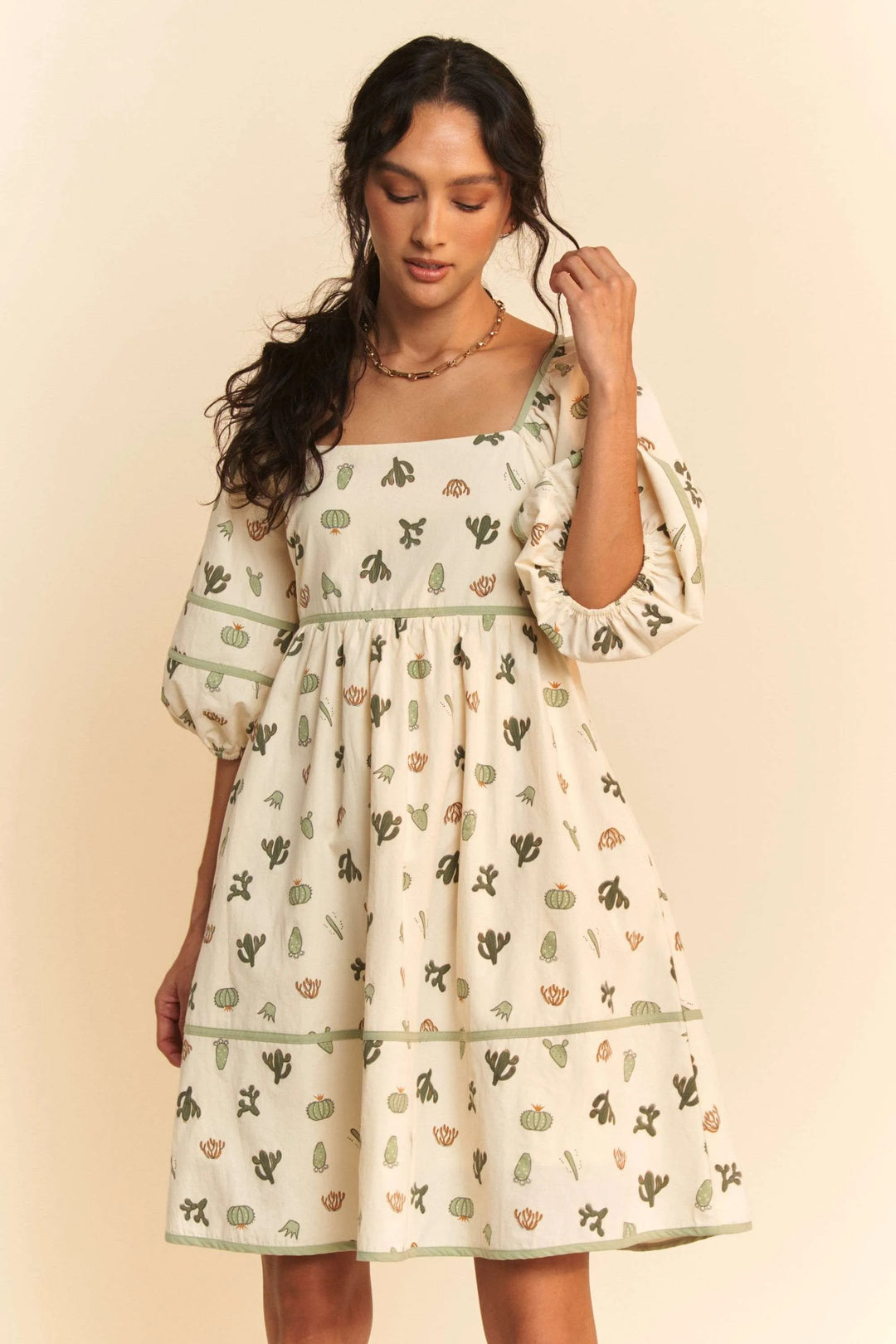 Cream/Green Davi Dani Cactus Printed Poplin Contrast Piping Mini Dress