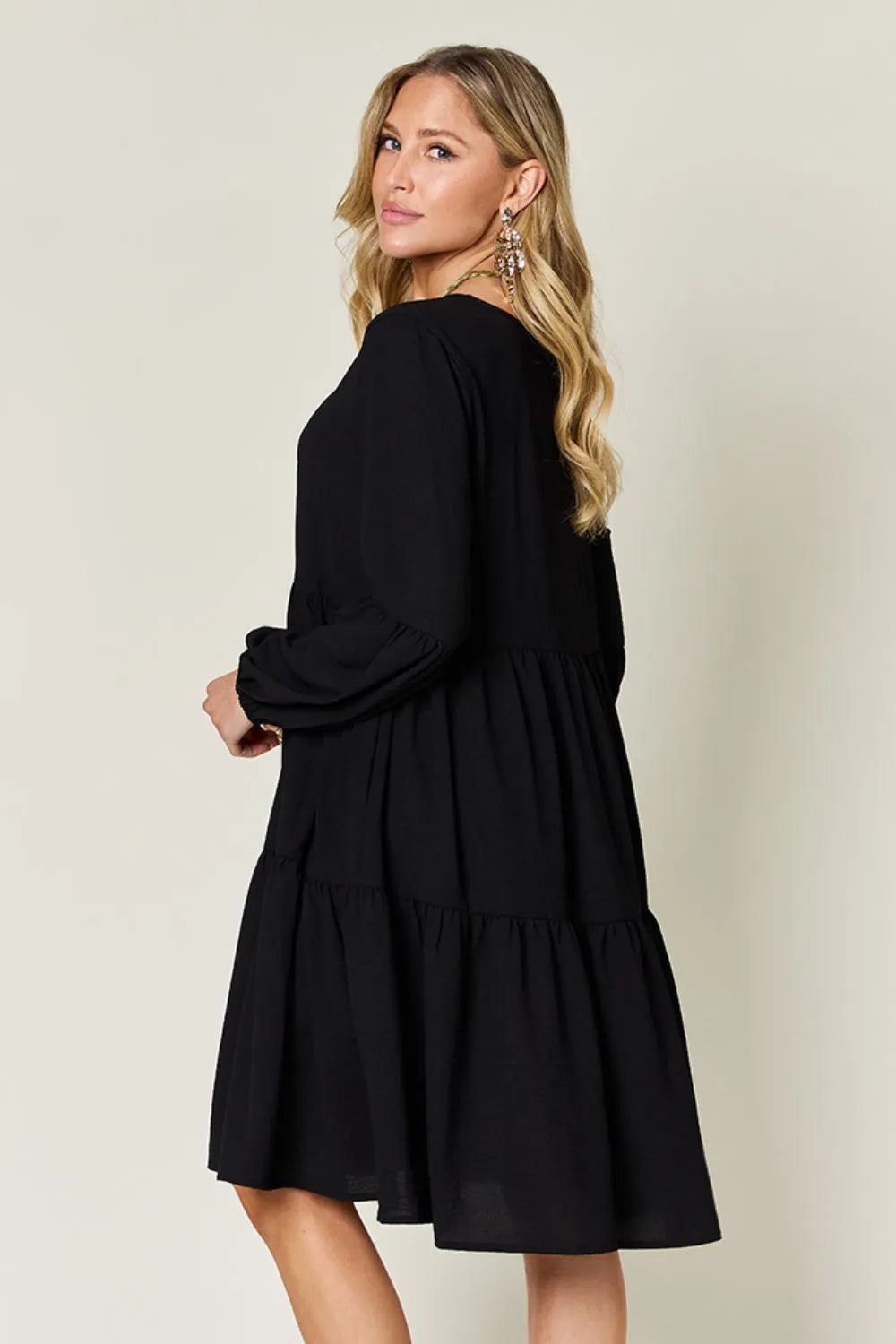 Black Double Take Full Size V Neck Balloon Sleeve Tiered Dress With Pockets