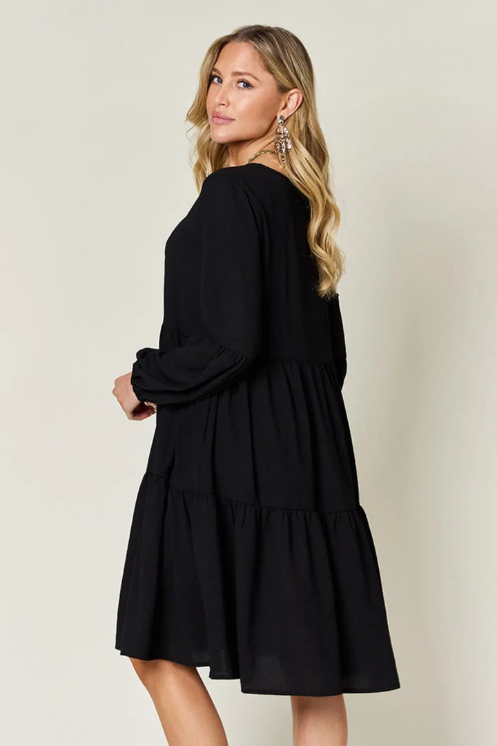 Black Double Take Full Size V Neck Balloon Sleeve Tiered Dress With Pockets