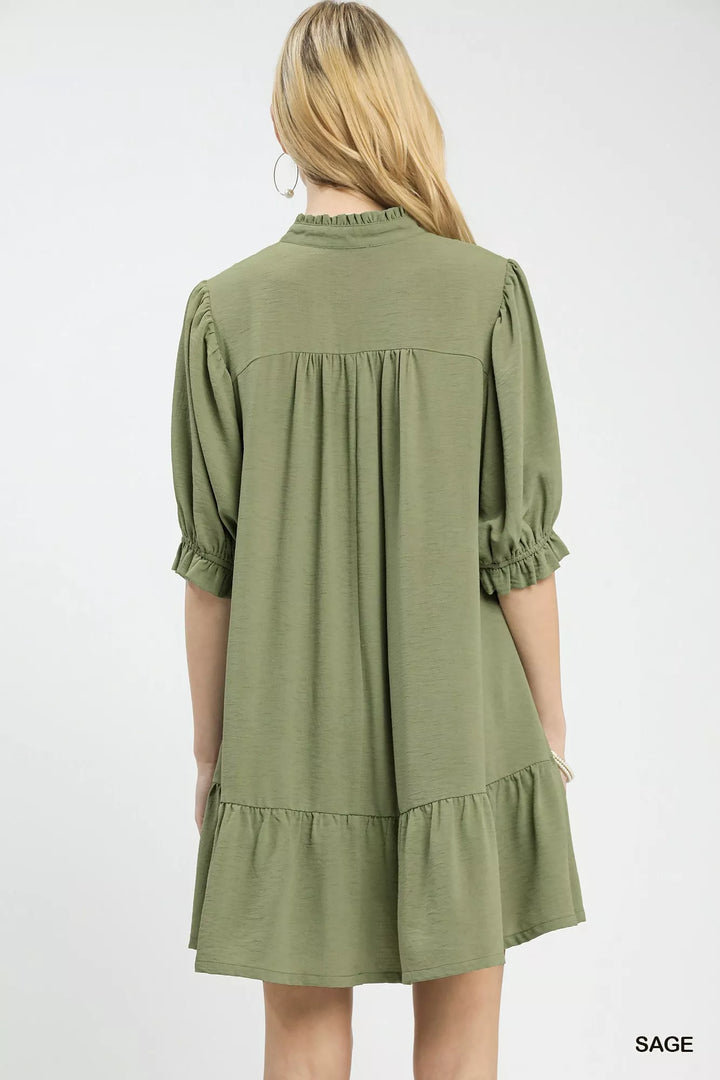 Sage Umgee Lace Yoke Tiered Mini Dress