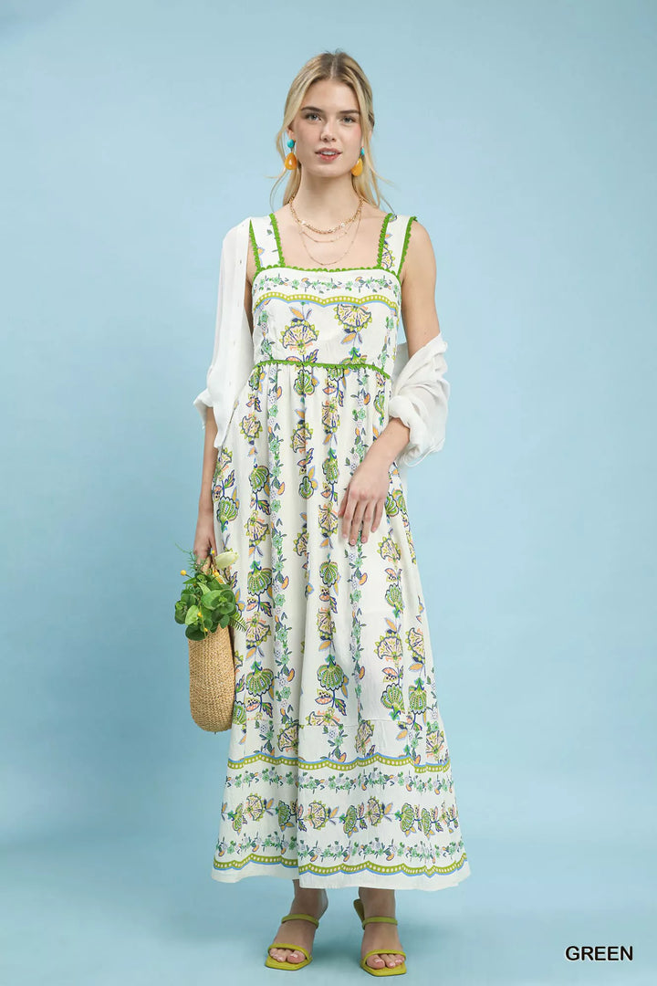 Green Umgee Floral Print Tiered Midi Dress