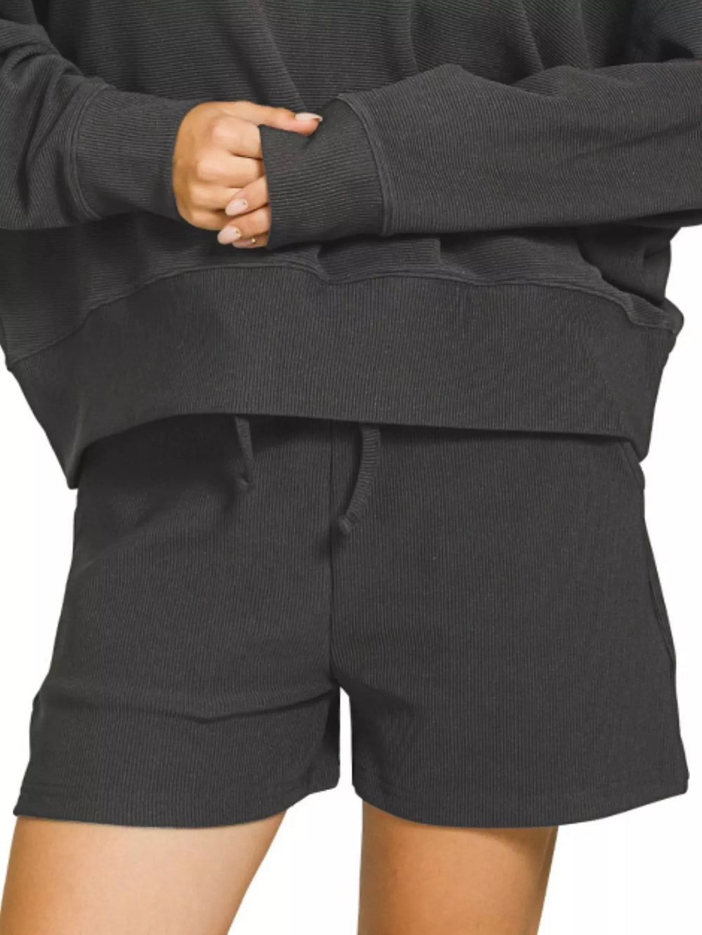 Black Zenana Ribbed Round Neck Pullover And Shorts Set 5