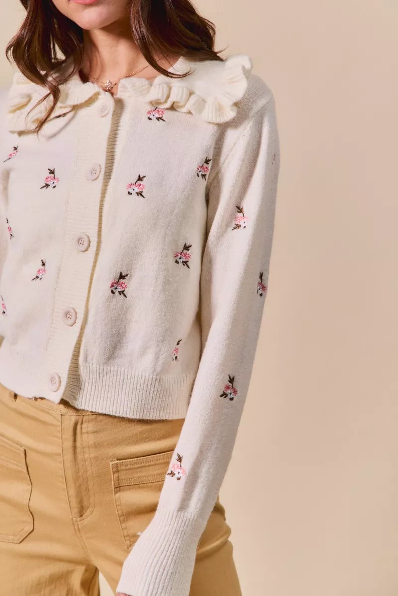 Cream Multi So Me Collared Floral Embroidered Button Down Sweater Cardigan