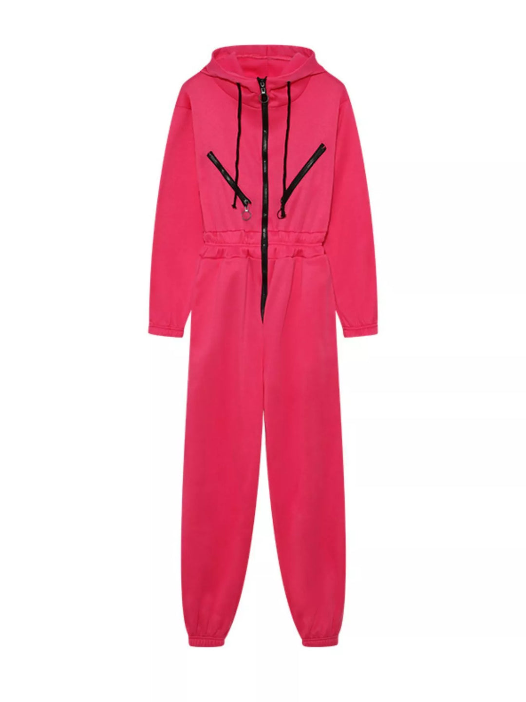 Rose Red Hooded Zip Up Long Sleeve Jumpsuit