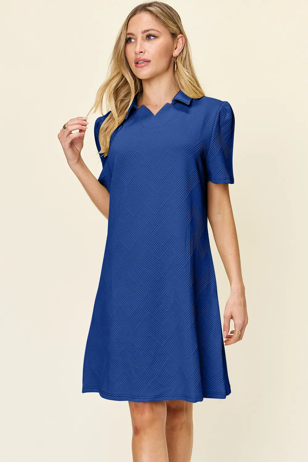 Khaki Double Take Full Size Texture Collared Neck Short Sleeve Dress