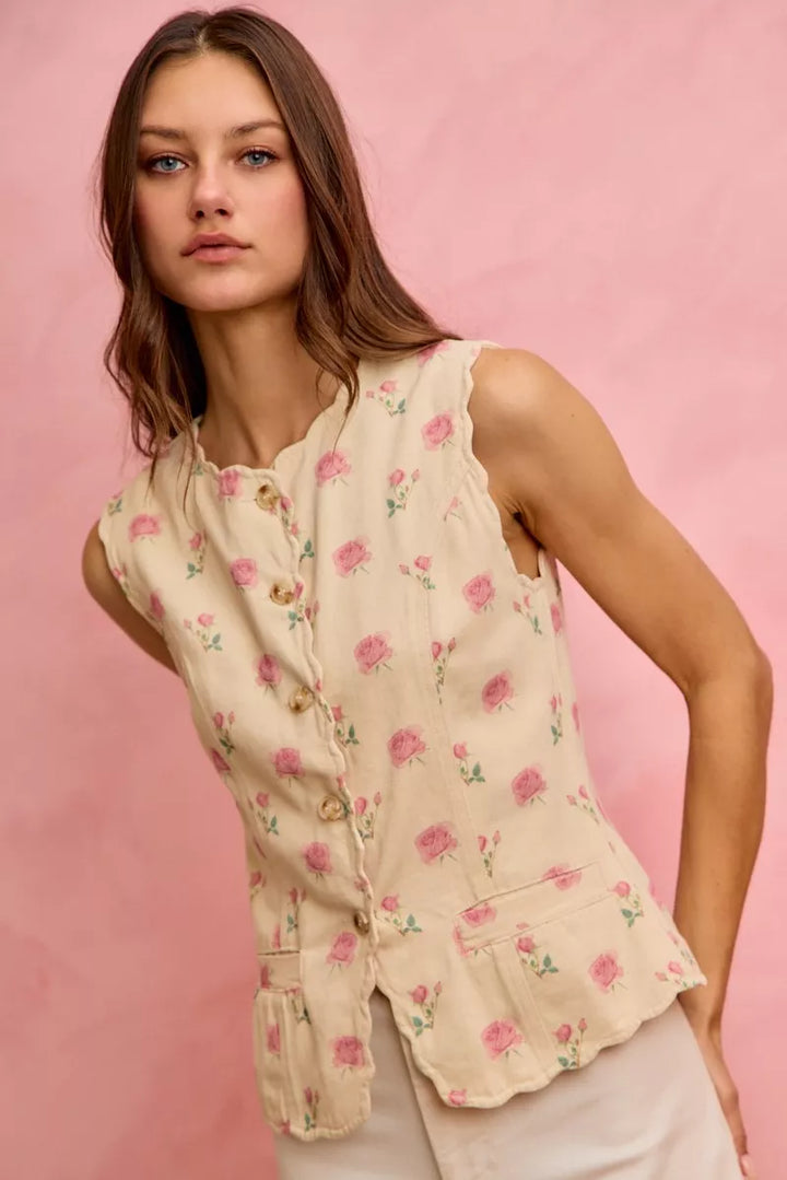 Ivory/Pink So Me Floral Rose Cotton Twill Scallop Button Vest Top