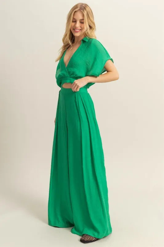 Green Hyfve Kimono Sleeve Crop Top And Wide Leg Pants Set 4