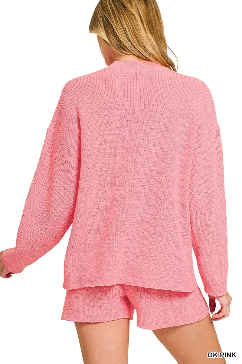 Dk Pink Zenana Round Neck Knit Top And Shorts Sweater Set 5