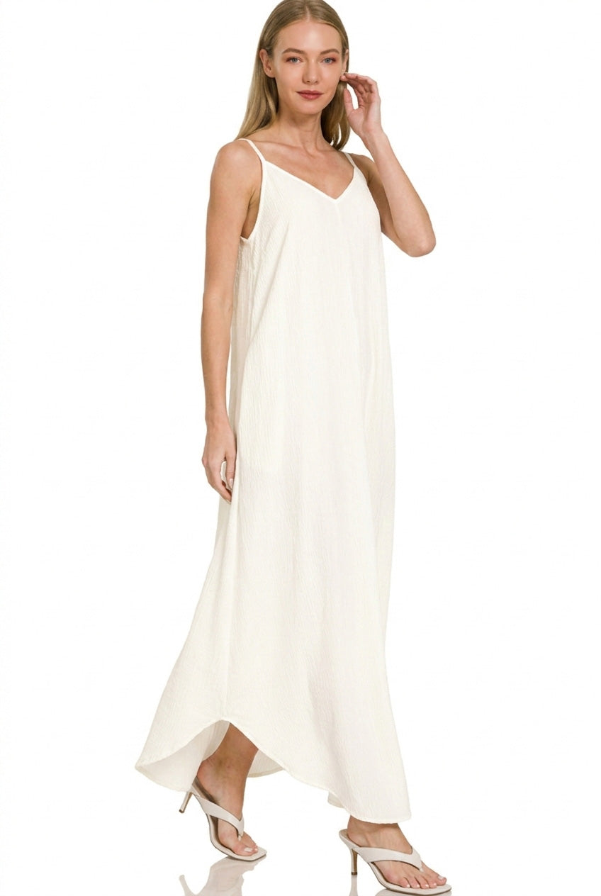 Ivory Zenana Woven Crinkle Cami Maxi Dress With Side Pockets 2