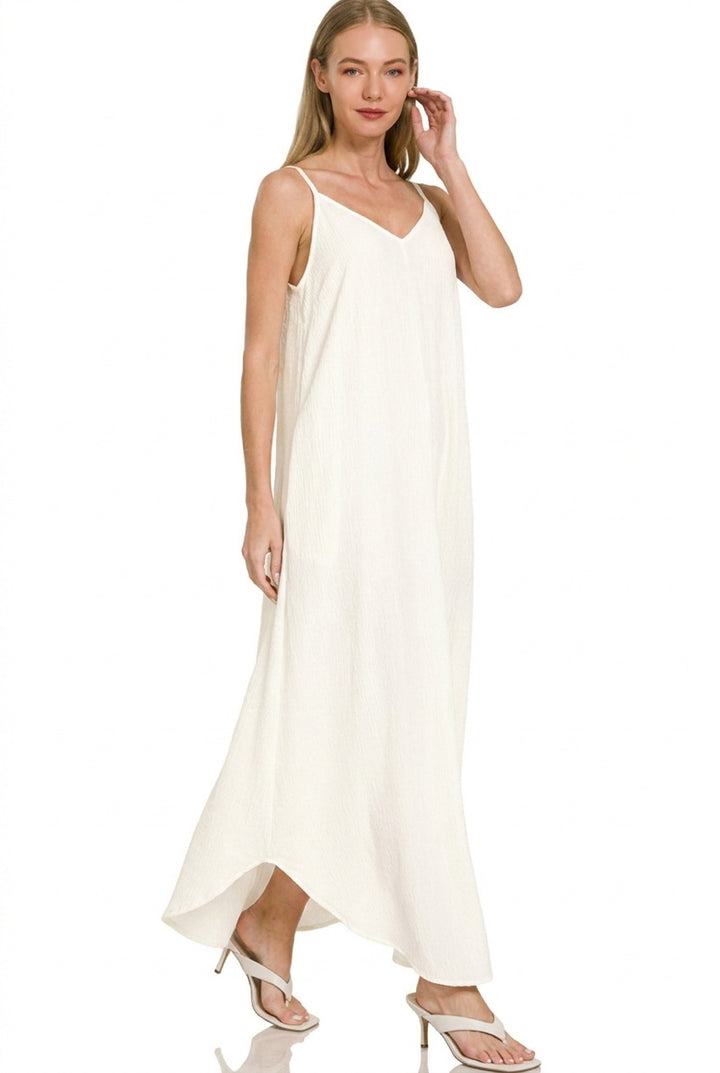 Ivory Zenana Woven Crinkle Cami Maxi Dress With Side Pockets 2