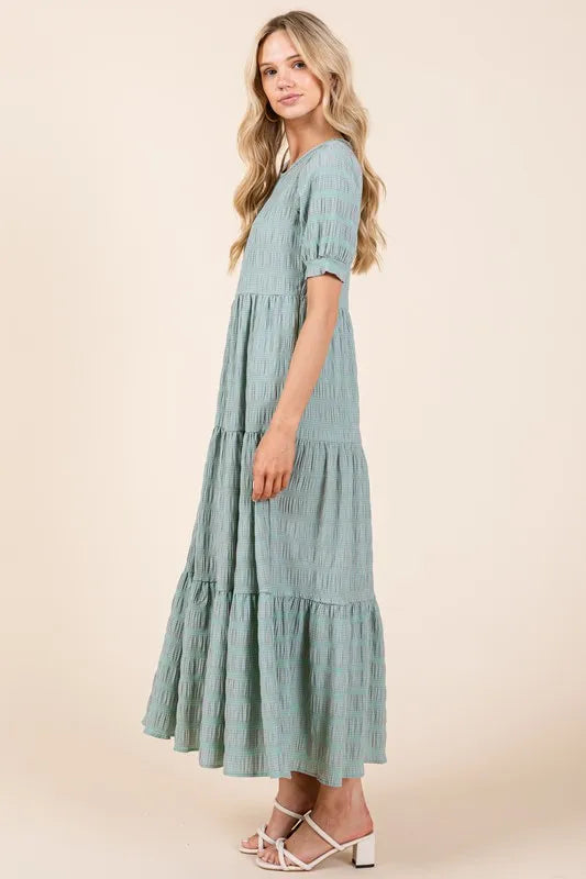 Mint Bombom Textured Short Sleeve Tiered Dress