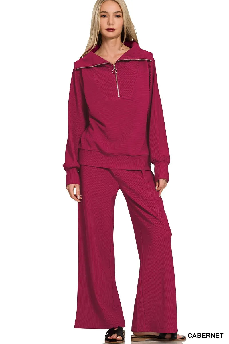 Cabernet Zenana Ribbed High Neck Half Zip Pullover Pants Set 3