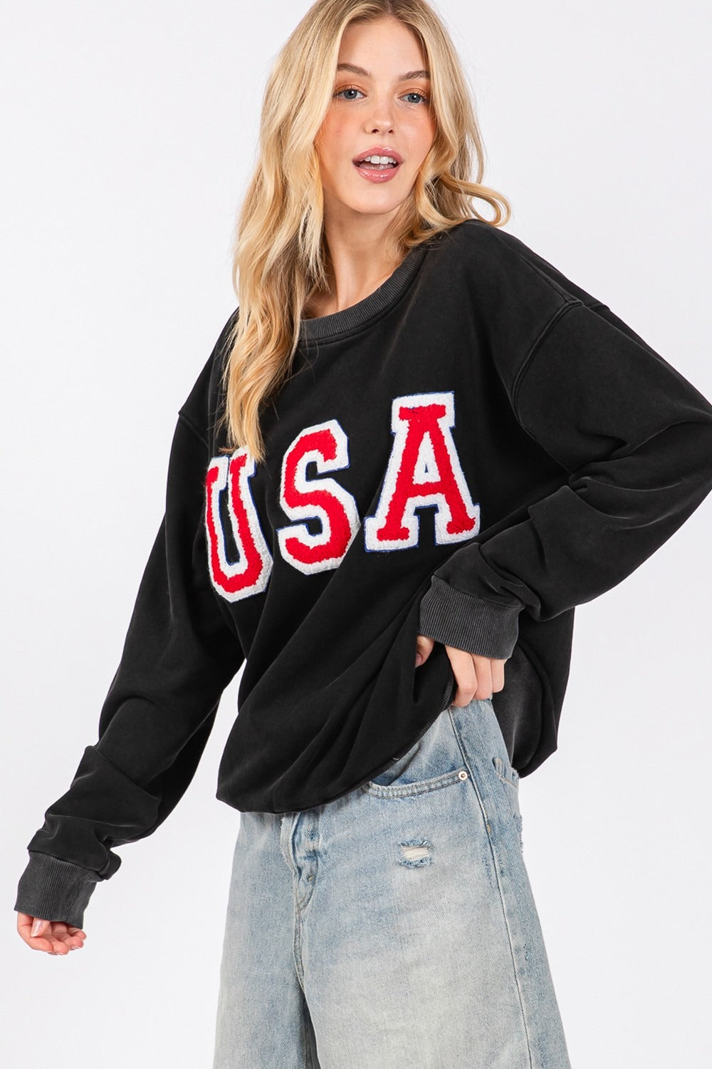 Black Sage Fig Usa Letter Patch Round Neck Sweatshirt