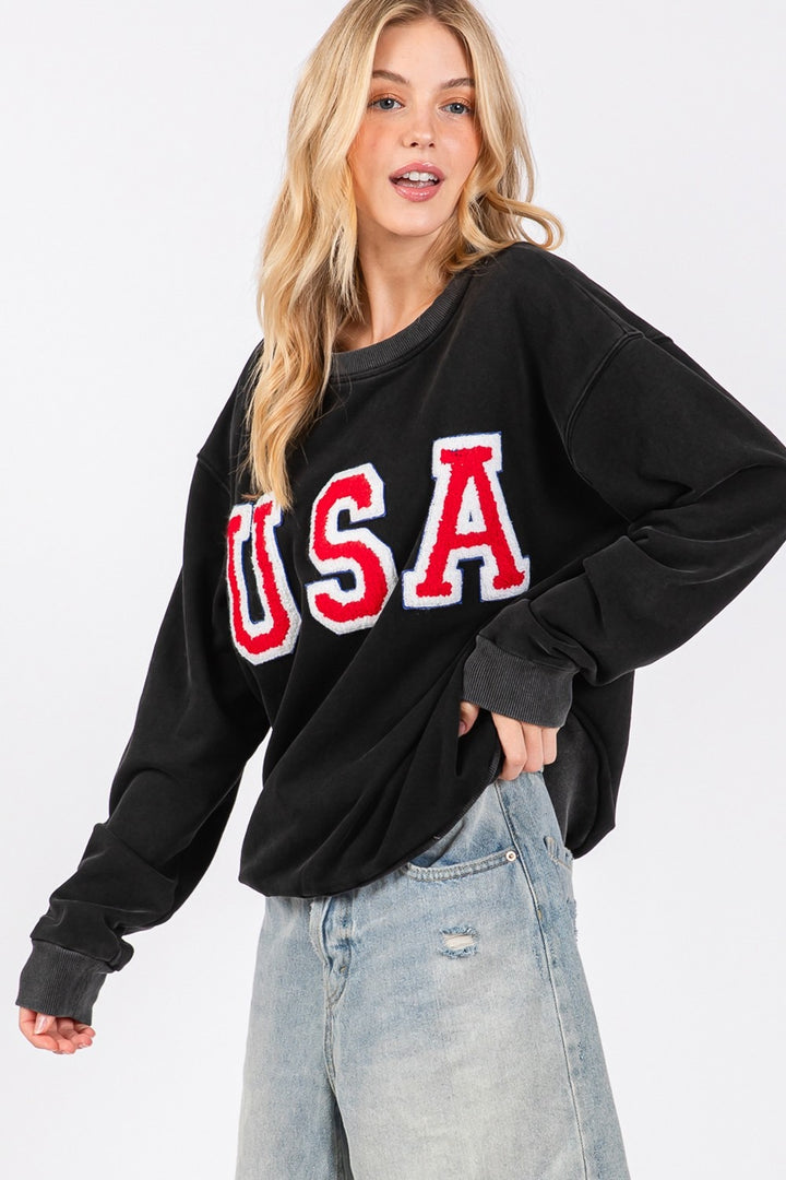 Black Sage Fig Usa Letter Patch Round Neck Sweatshirt
