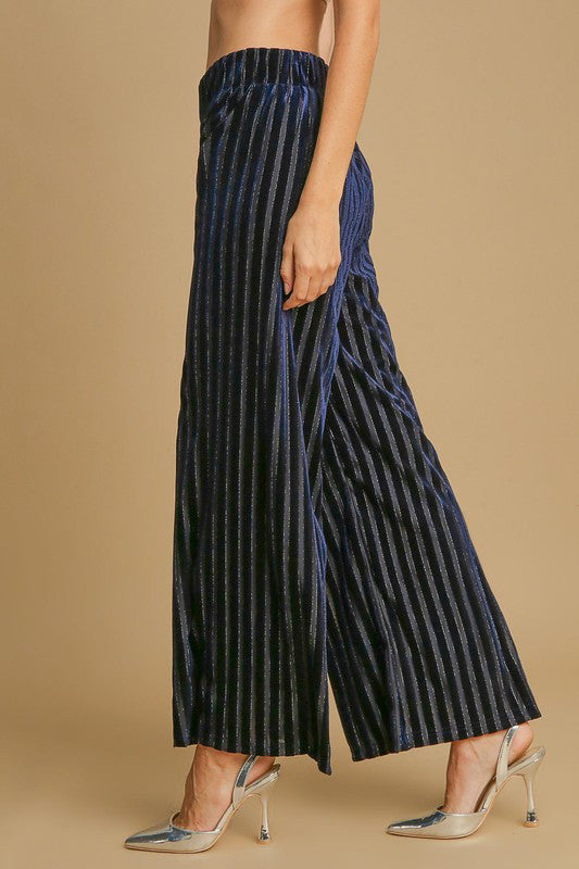 Navy Umgee Full Size Elastic Waist Striped Wide Leg Velvet Pants
