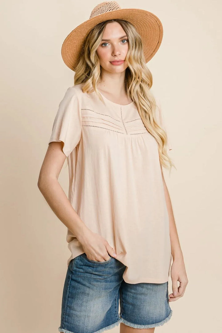 Peach Cotton Bleu By Nu Label Eyelet Round Neck Short Sleeve T Shirt