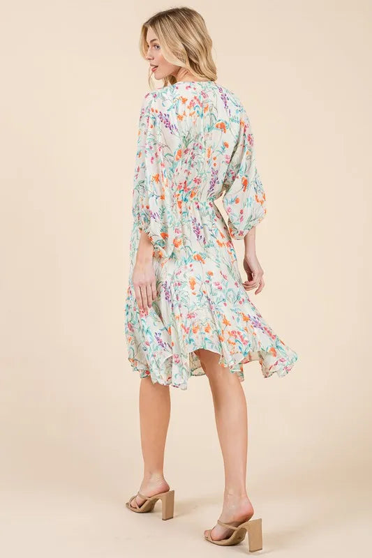 Lime N Chili Floral Cinched Waist Balloon Sleeve V Neck Dress
