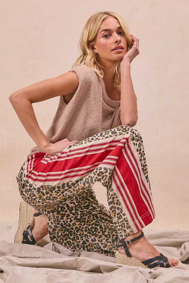 Bibi Leopard Print Pants With Side Contrast And Tucking Welt Pocke