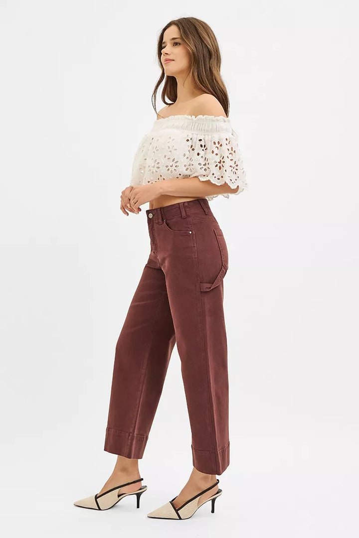 Choco Brown Risen Tummy Control High Rise Crop Wide No Waist Band Pants