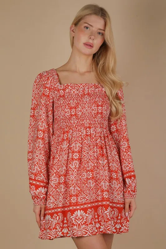 Rust Very J Printed Smocked Chest Boho Mini Dress 1